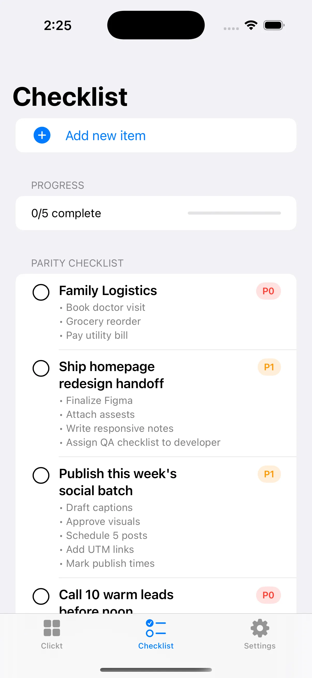 Clickt app screen shown on an iPhone
