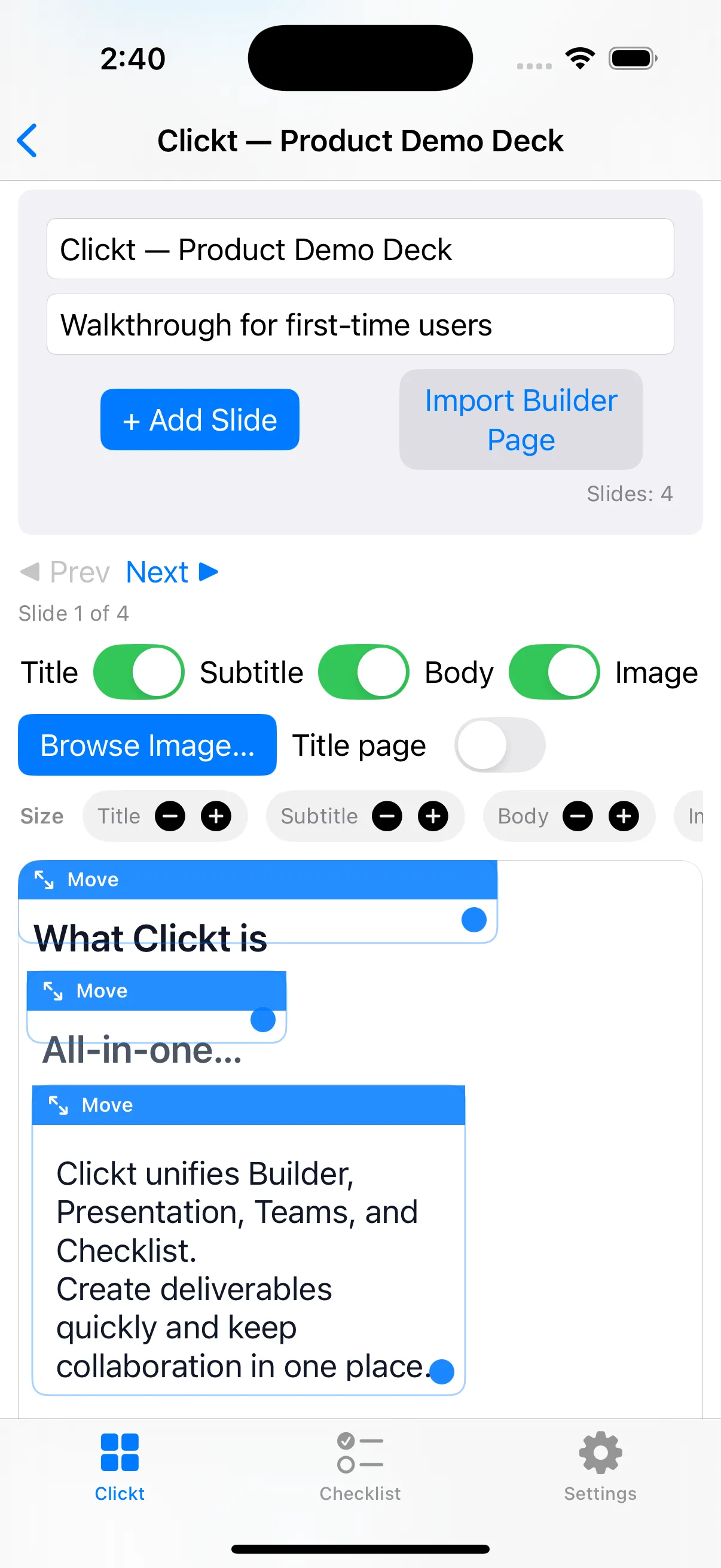 Clickt app screen shown on an iPhone