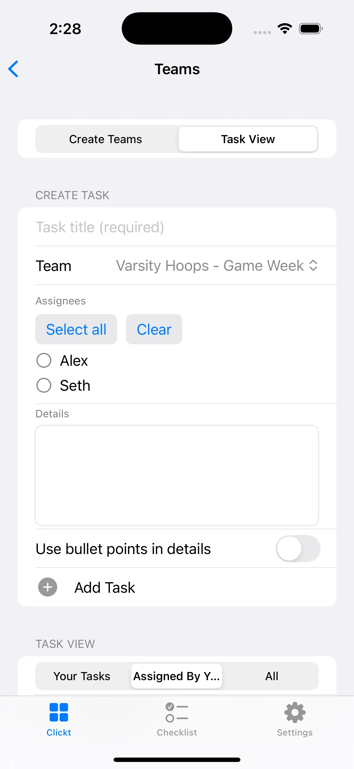 Clickt app screen shown on an iPhone