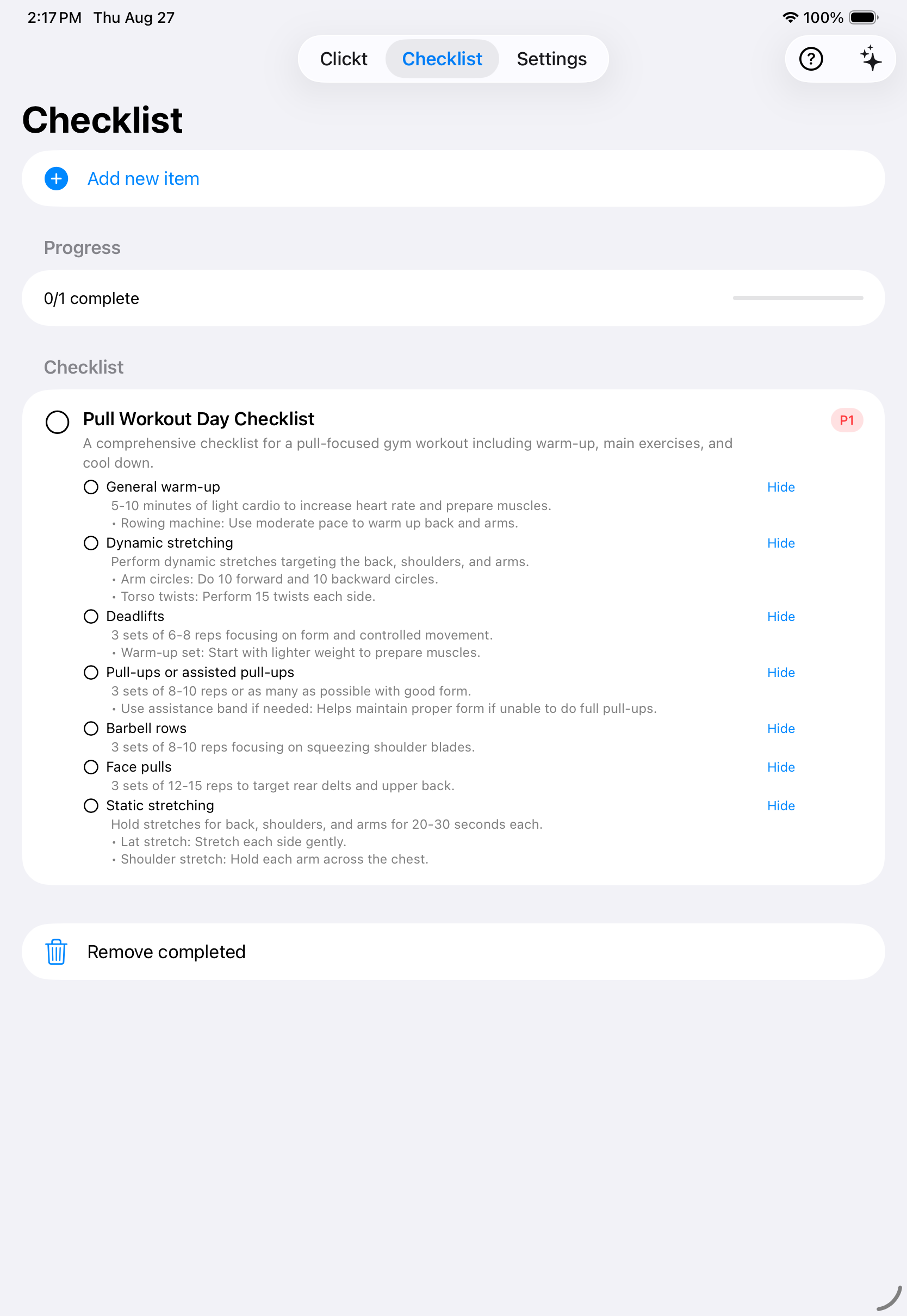 Clickt Checklist workspace on iPad
