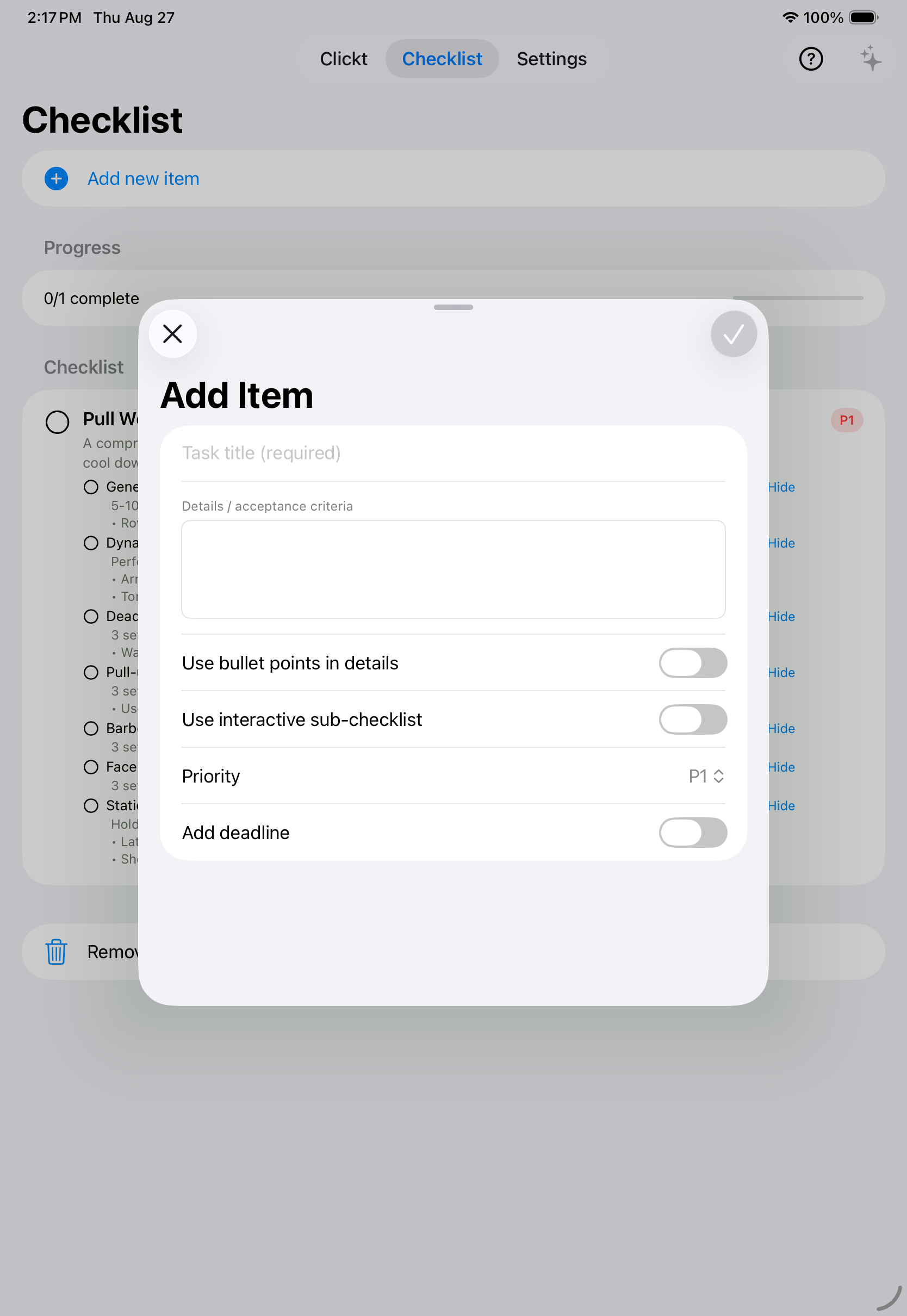Clickt Checklist workspace on iPad