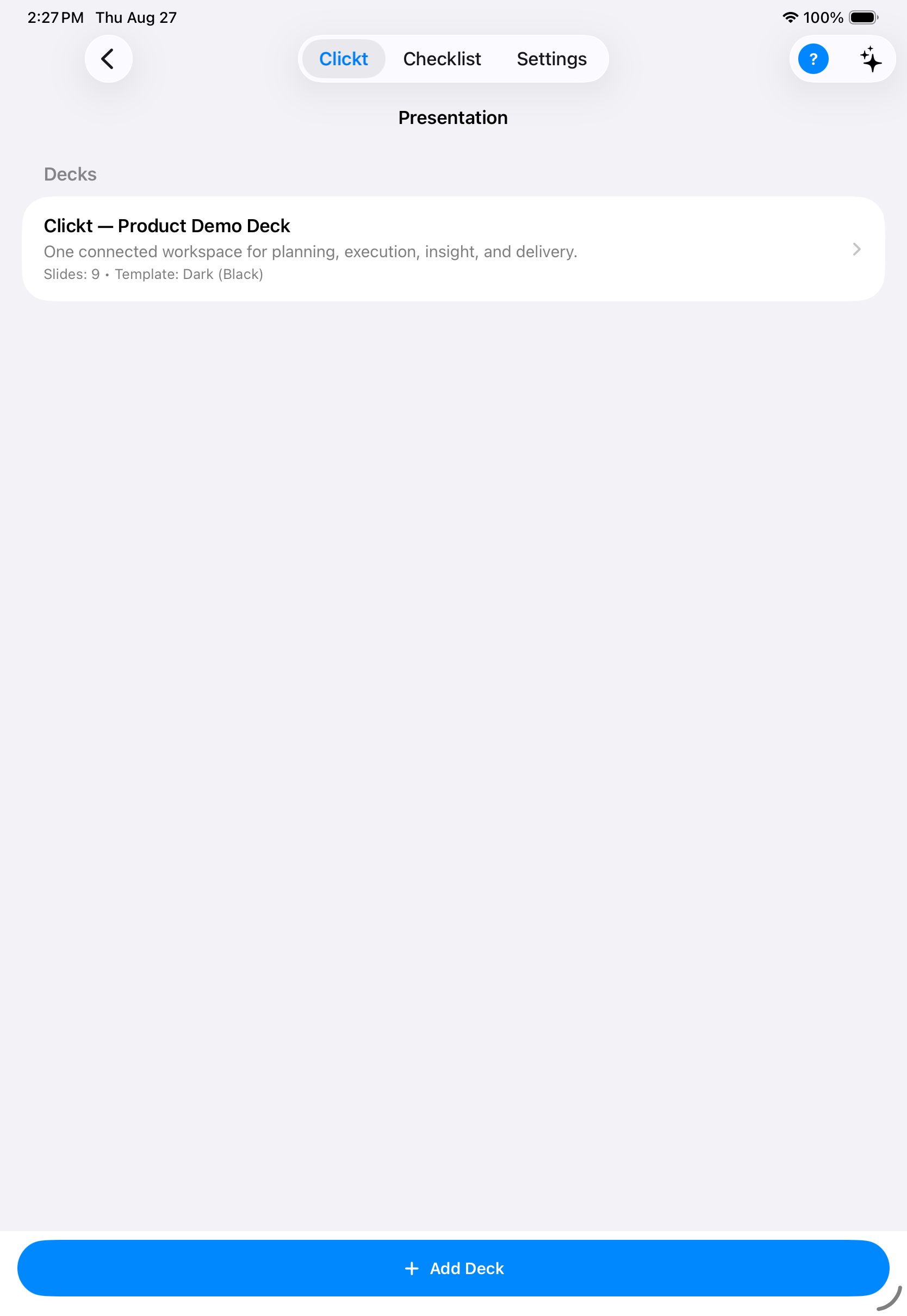 Clickt Presentation workspace on iPad
