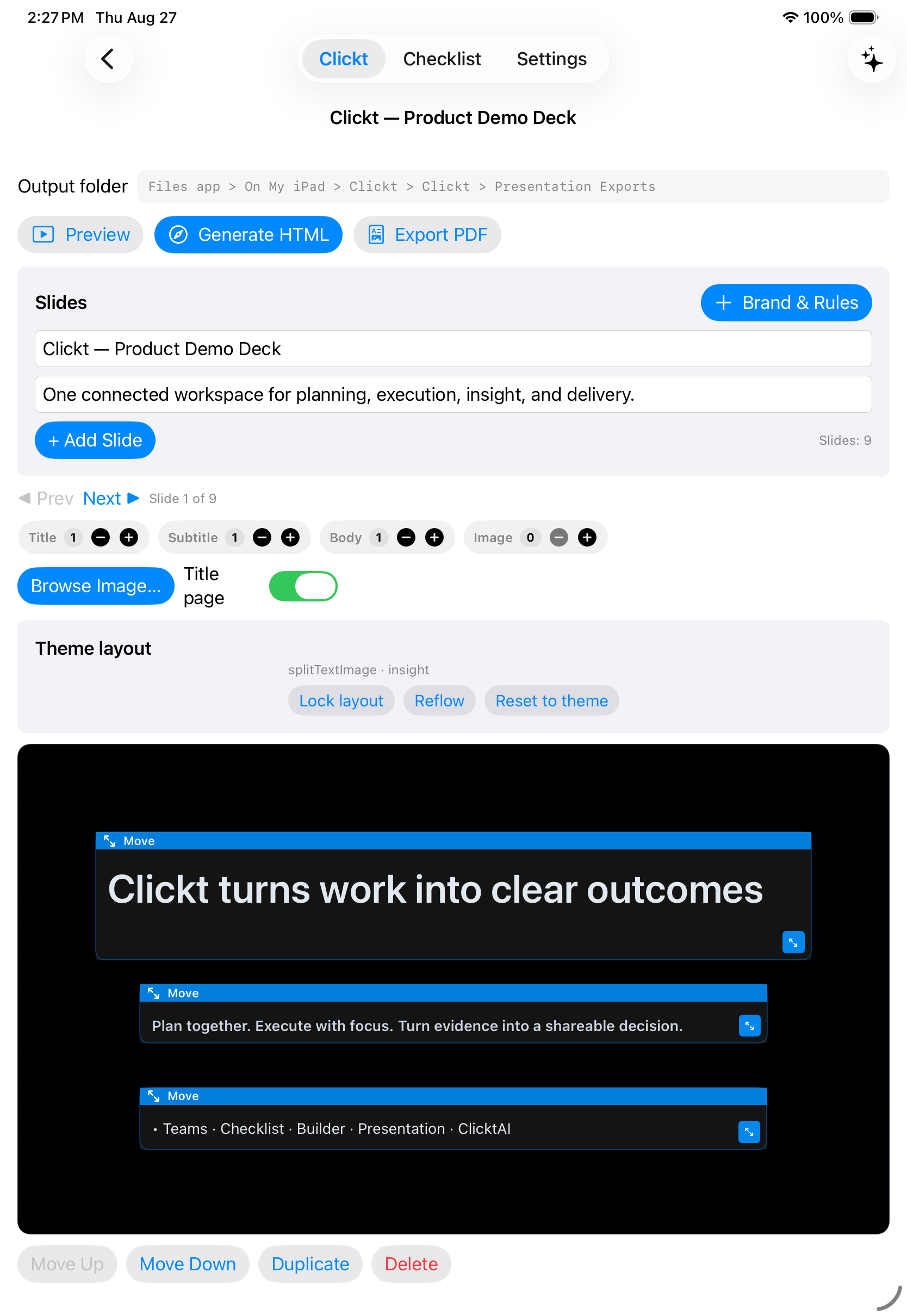 Clickt Presentation workspace on iPad