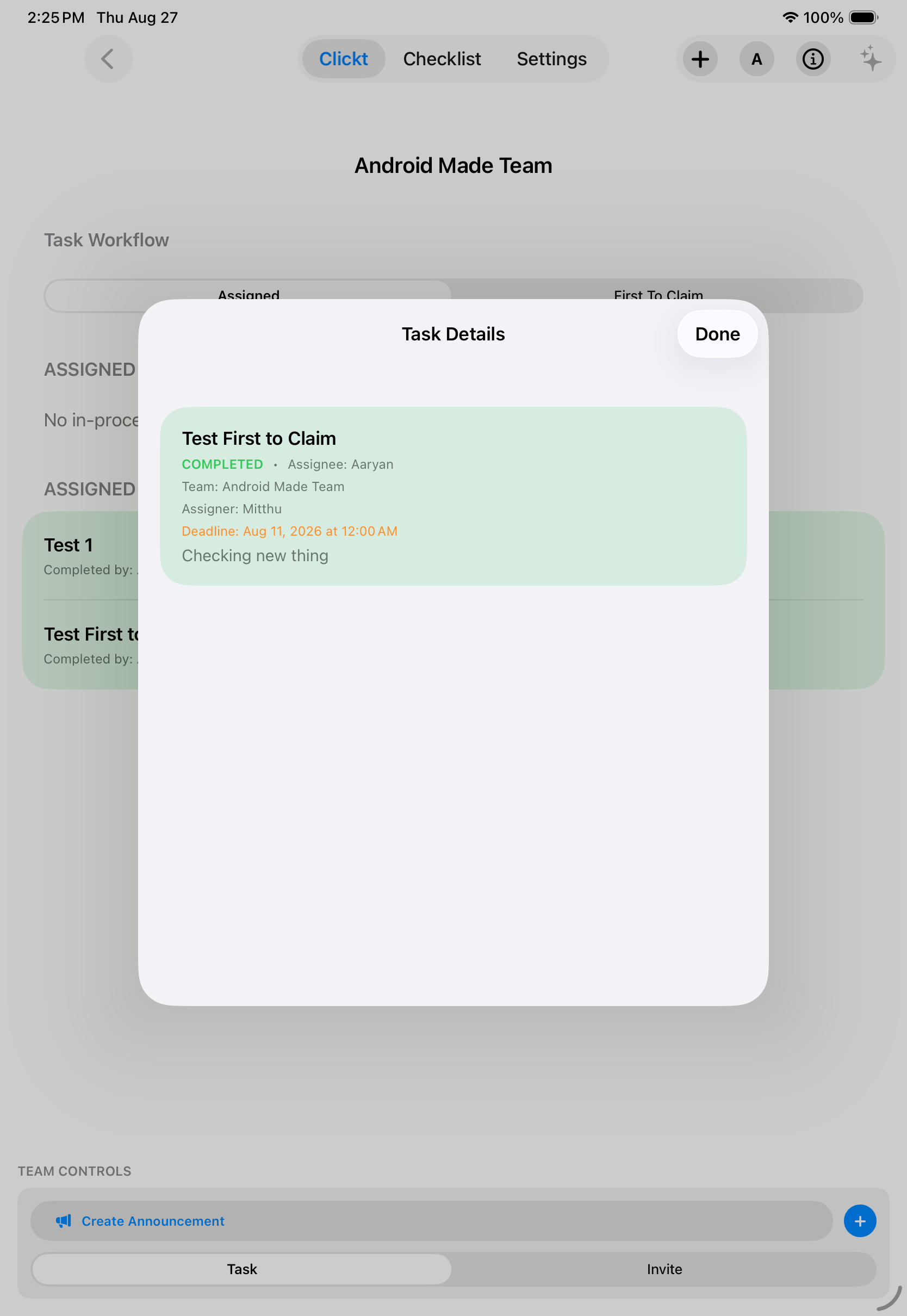 Clickt Teams workspace on iPad