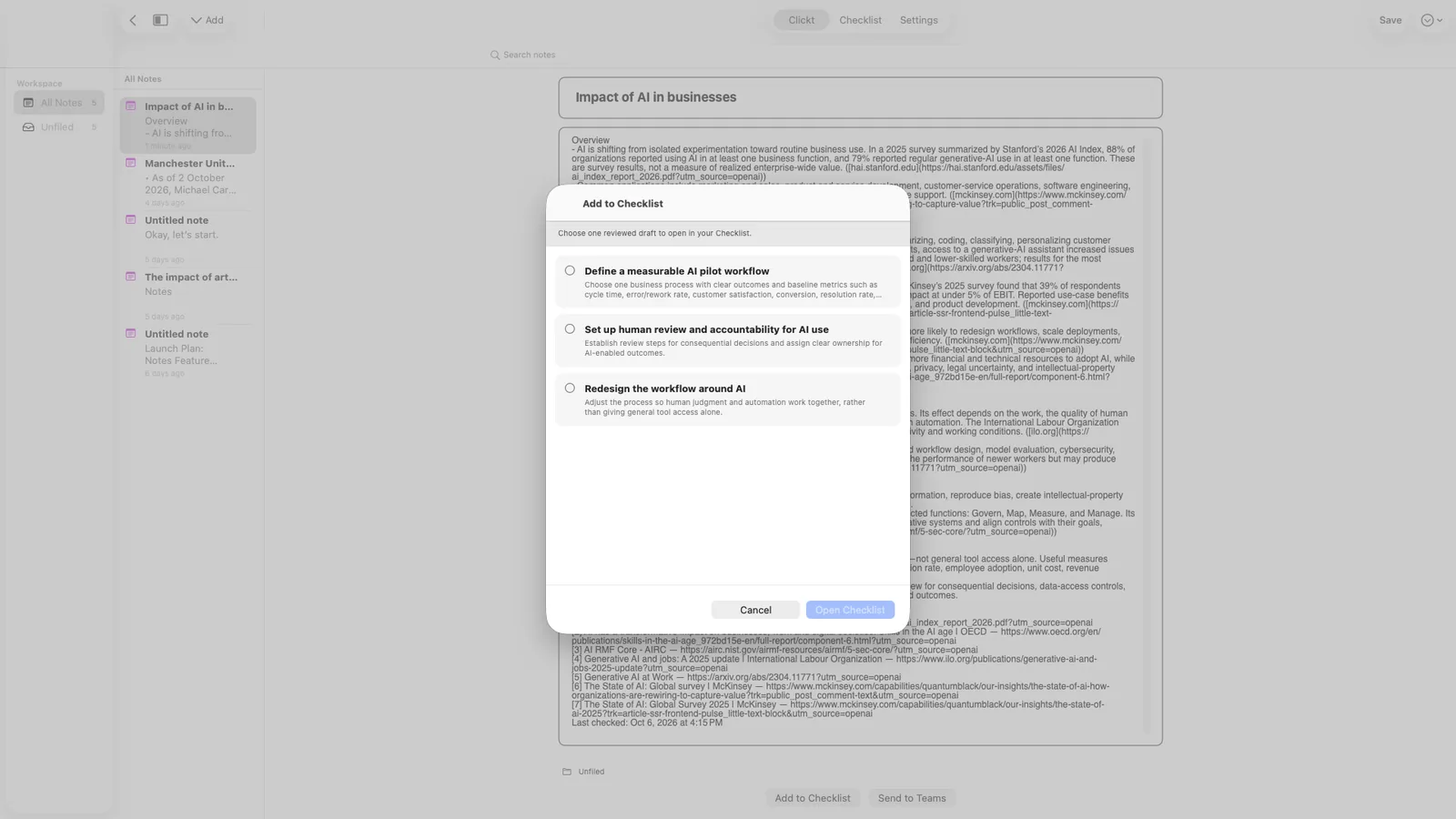 The Add to Checklist sheet in Clickt Notes on Mac