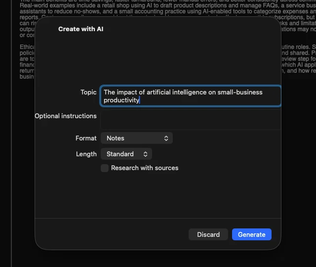 The Create with AI sheet in Clickt Notes on Mac
