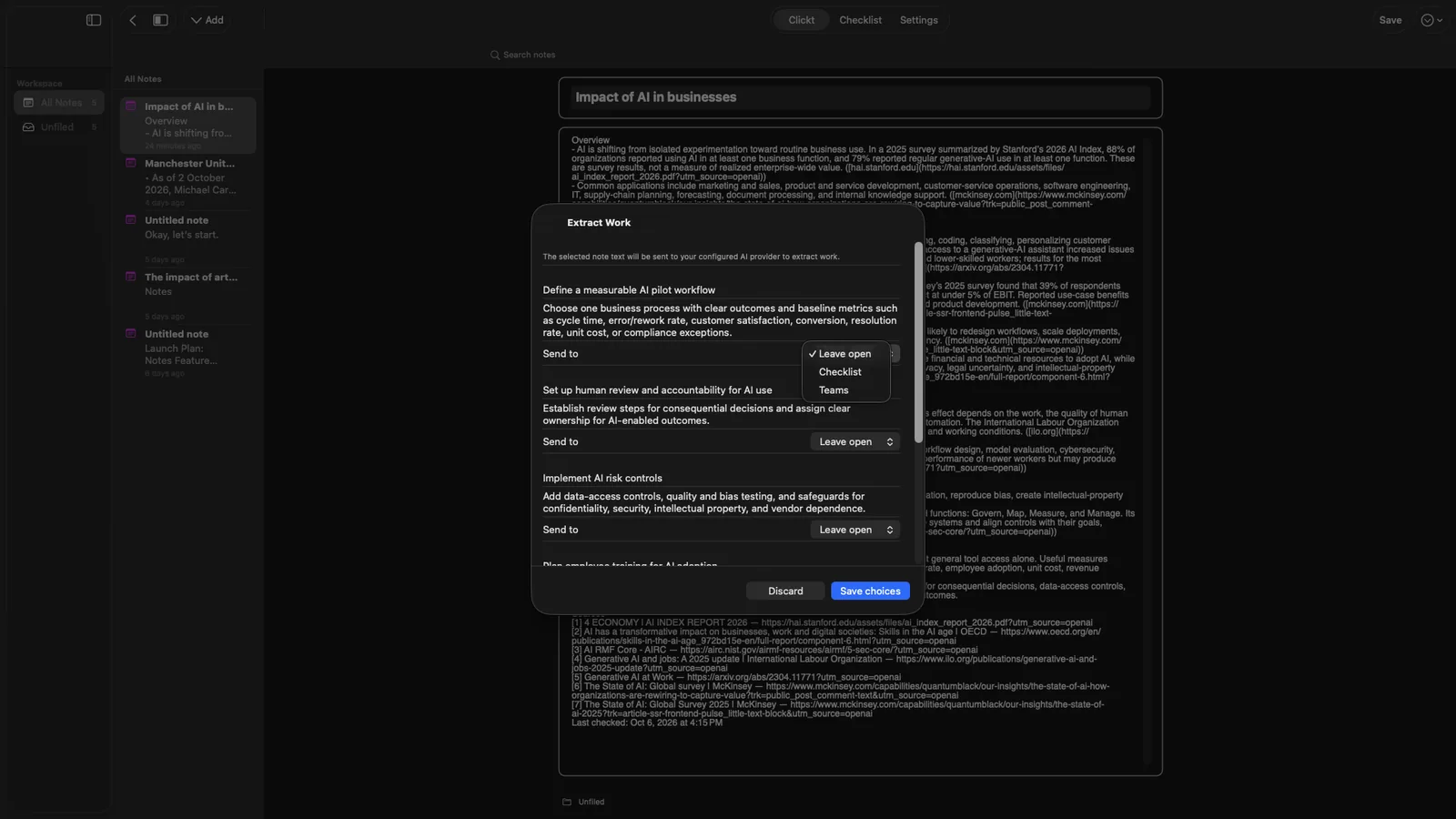The Send to menu on an extracted work item, showing Leave open, Checklist and Teams