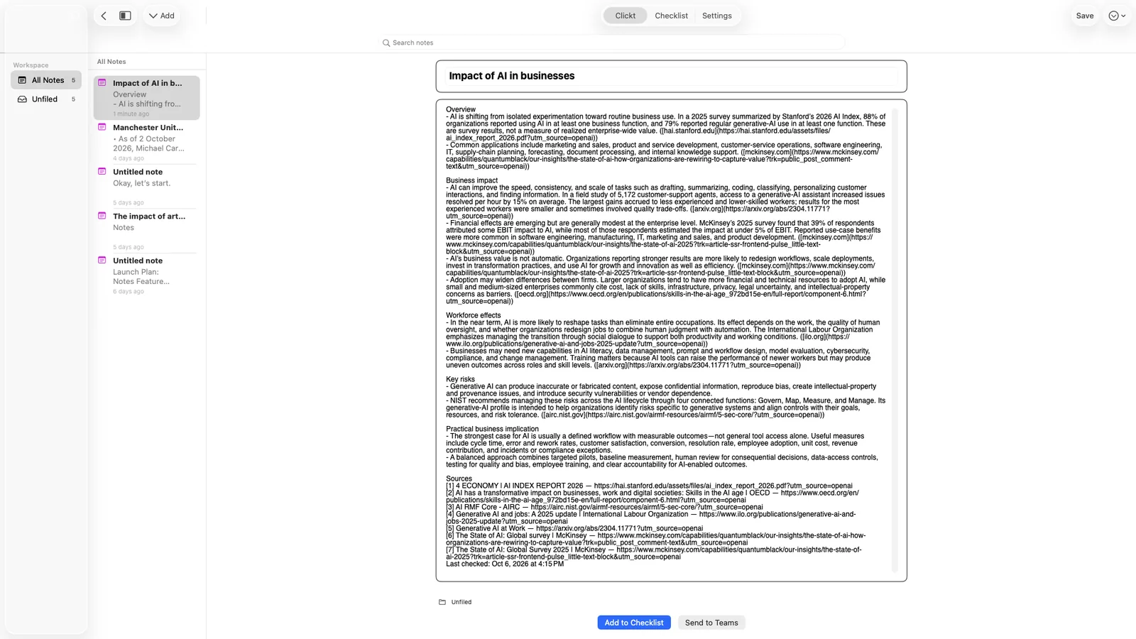 The Clickt Notes workspace on Mac, with a note open in the editor