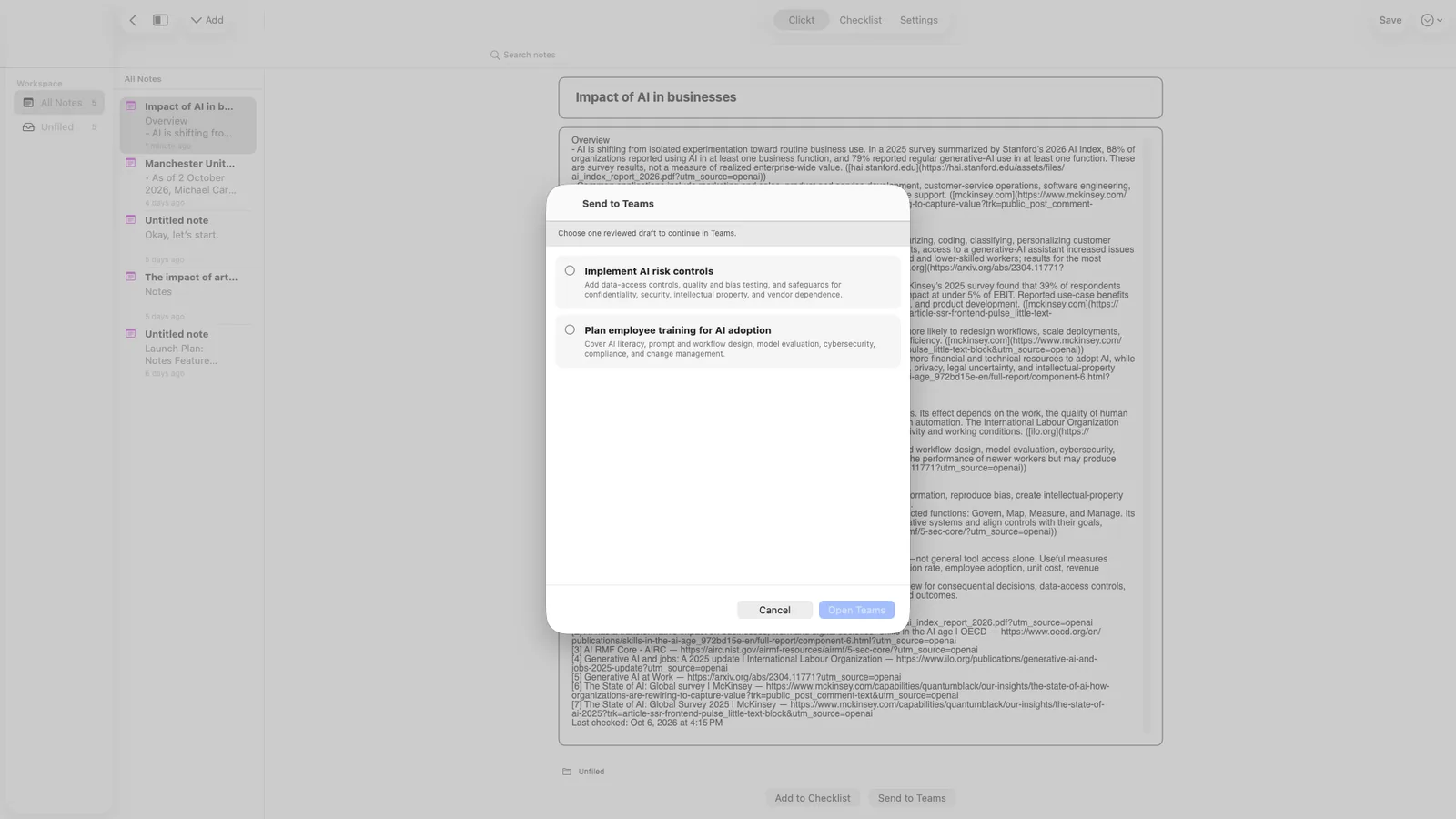 The Send to Teams sheet in Clickt Notes on Mac