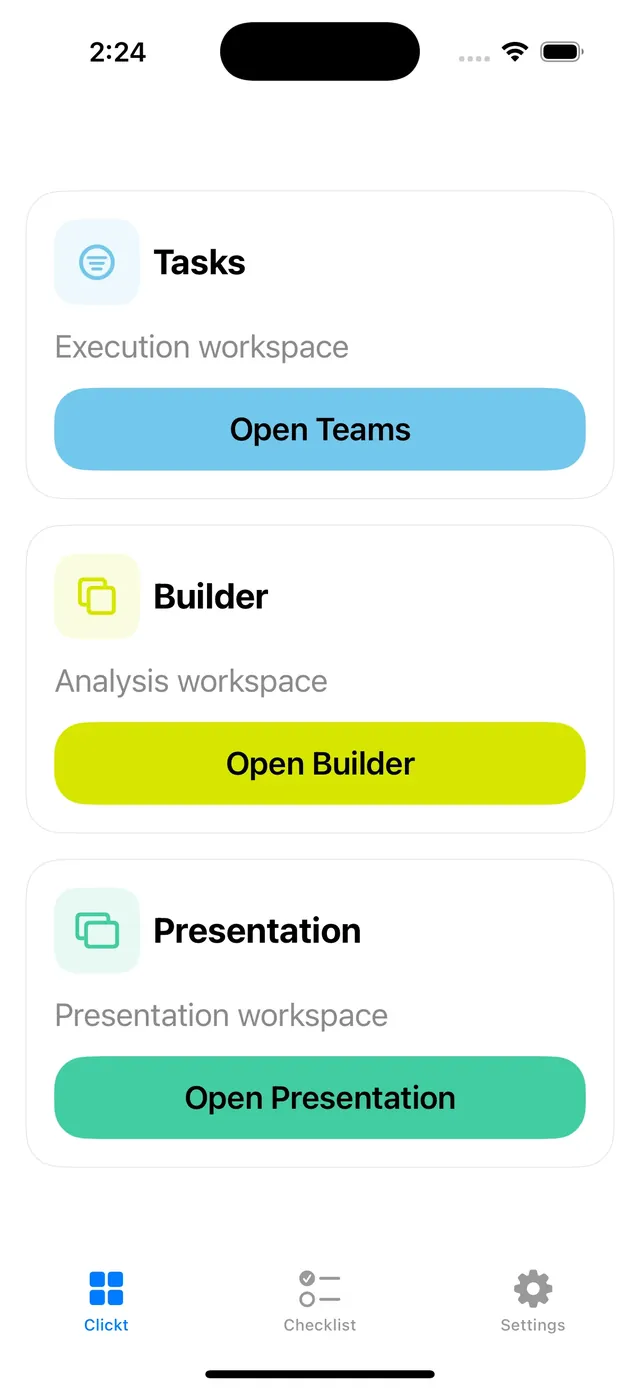 Clickt home screen on iPhone with Teams, Builder and Presentation