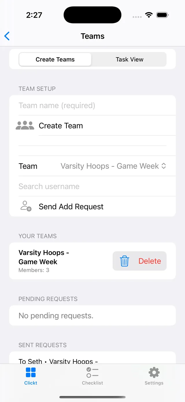 Clickt Teams showing a team workspace on iPhone