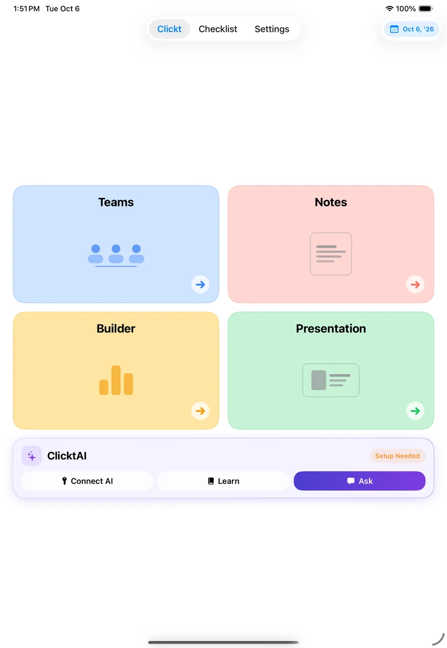 Clickt home screen on iPad with Teams, Notes, Builder and Presentation