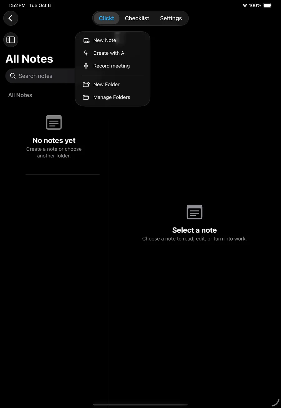 Clickt Notes on iPad with the Add menu open