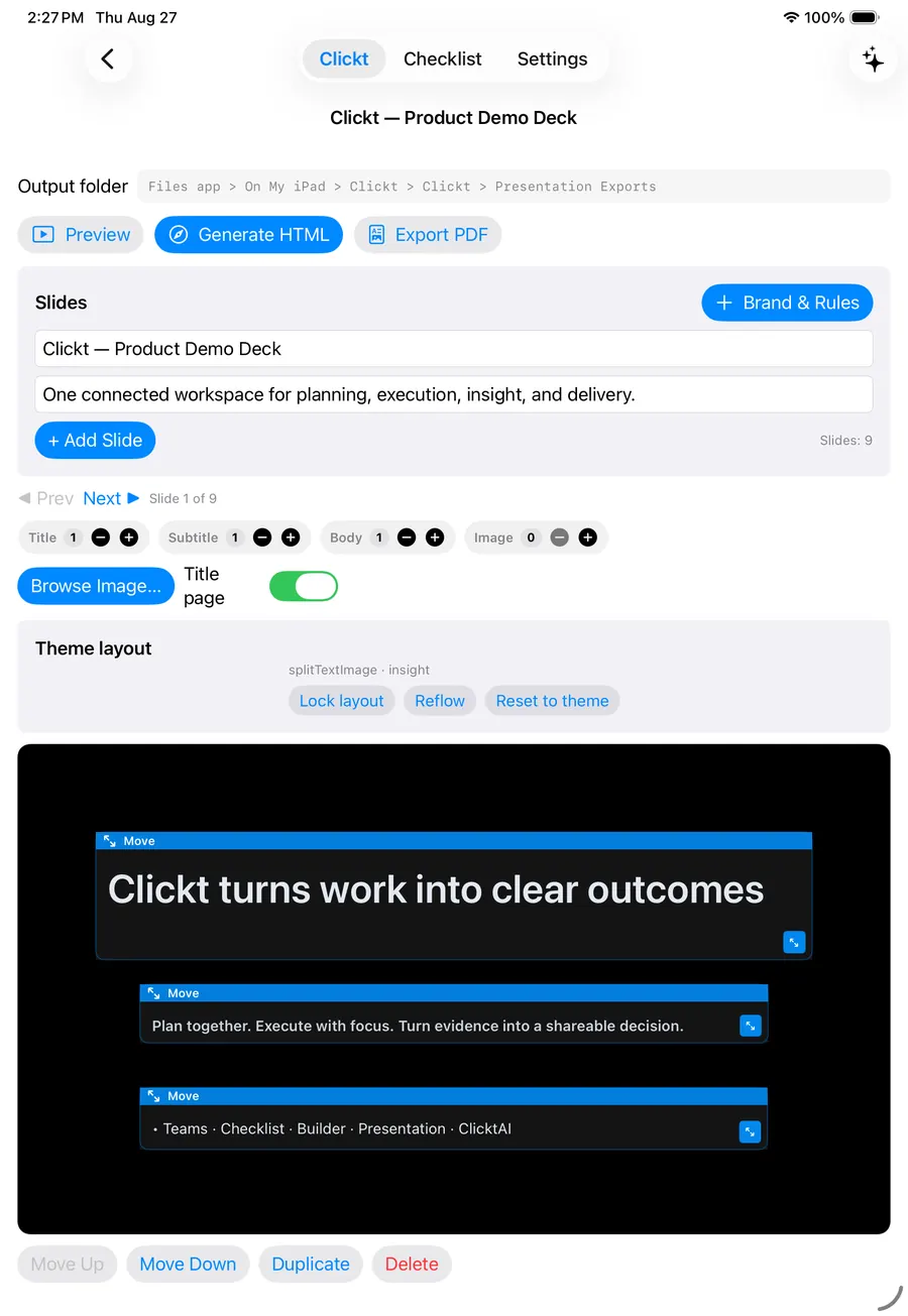 Clickt Presentation workspace on iPad